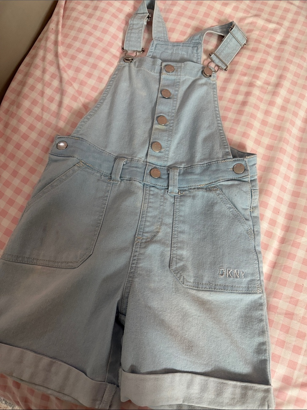 DKNY Light Blue Denim Short Overalls with Front Buttons